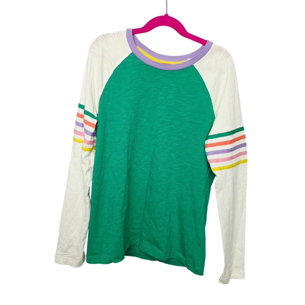 Boden Raglan Long Sleeve Tee Kids 11-12Y Green Slub Cotton Rainbow Stripe